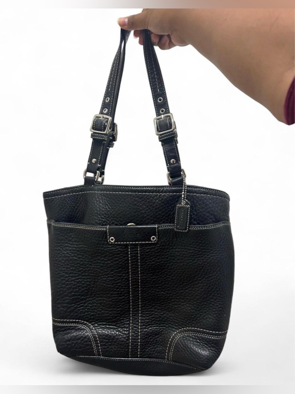 Coach Black Pebbled Leather Shoulder Bag with Contrast Stitching